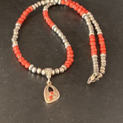 Native American Navajo Red Coral Pendant Necklace | Sterling Silver | 13842