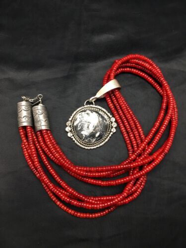 Navajo White Buffalo Turquoise Pendant with Coral | 4-Strand Silver Necklace | Authentic Native American Handmade | 3848