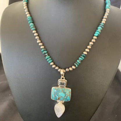 Navajo Pearls Sterling Silver Blue Mojave Turquoise Necklace Pendant | Multi-Stone | 11820