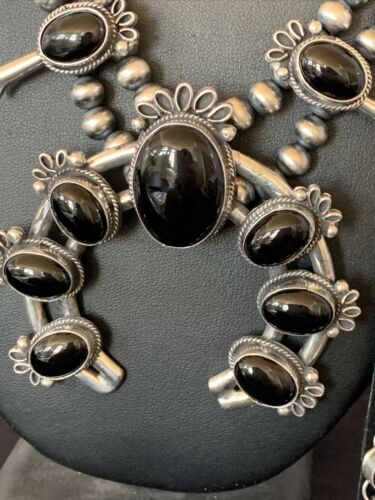 Navajo Pearls Black Onyx Squash Blossom Necklace | Sterling Silver | Authentic Native American Handmade | 12724