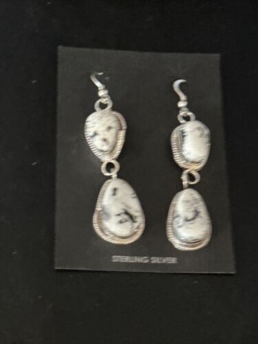 Navajo White Buffalo Turquoise Dangle Earrings | Sterling Silver | 2" | Authentic Native American Handmade | 14714