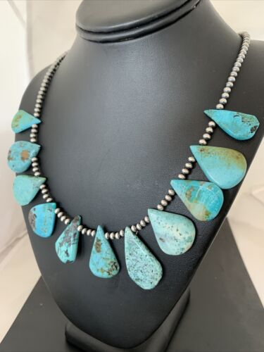 Authentic Native American Navajo Pearls Necklace | Sterling Silver & Blue Turquoise | 1451