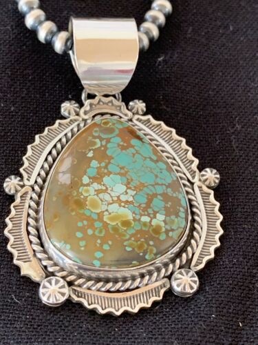 Native American Men's Sterling Silver Turquoise #8 Pendant | Navajo Pearls Necklace | 208