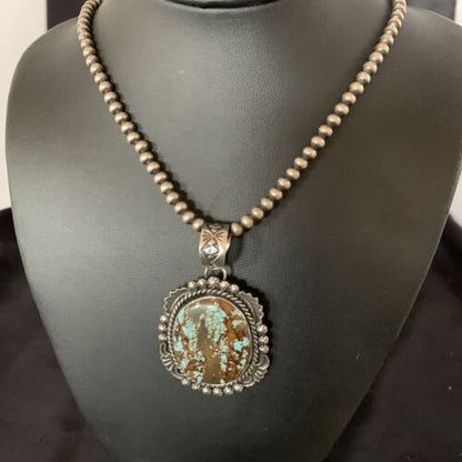 Navajo Pearls Sterling Silver Necklace with Blue Turquoise #8 Pendant | Authentic Native American Handmade | 11297