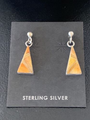 Navajo Orange Spiny Oyster Inlay Earrings | Sterling Silver | Minimalist Dangle | 12678