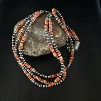 Navajo Pearls Necklace | Sterling Silver | Orange Spiny Oyster | 3-Strand | 22" | 14675