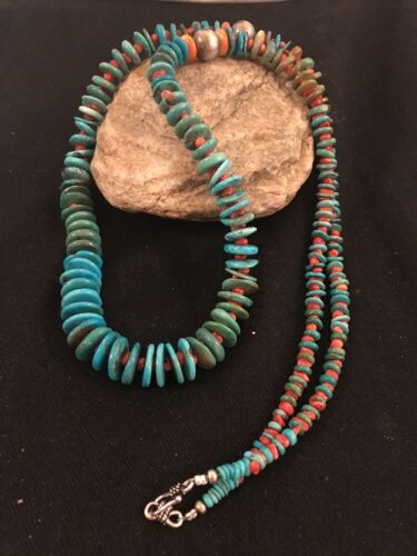 Kingman Turquoise Navajo Sterling Silver Spiny Necklace 28” 3684