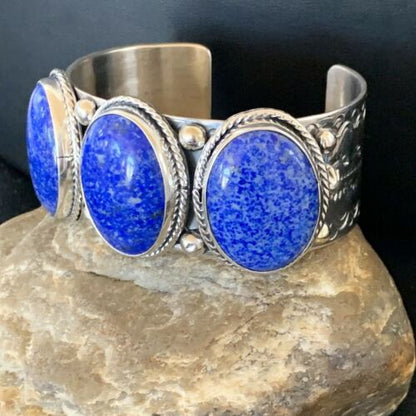 Native American Men's Navajo Blue Denim Lapis Cuff Bracelet | Sterling Silver | 12234