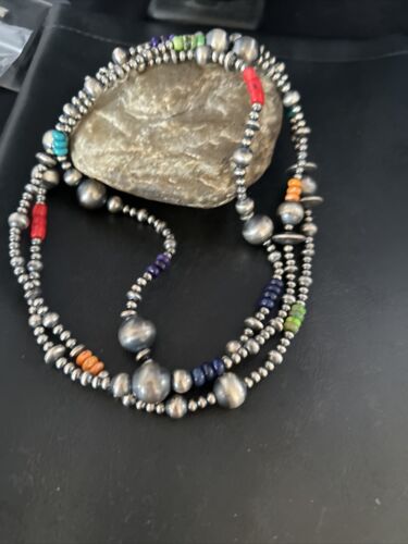 Navajo Pearls Multi-Color Sterling Silver Bead Necklace | 60" Single Strand | Southwestern
