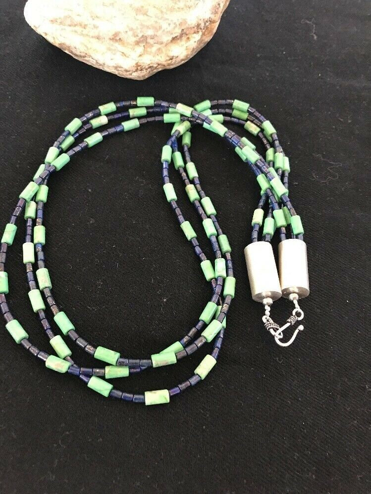 Navajo Tube Beads Lapis Turquoise Necklace | Sterling Silver | Authentic Native American Handmade | 3260