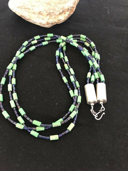 Navajo Tube Beads Lapis Turquoise Necklace | Sterling Silver | Authentic Native American Handmade | 3260