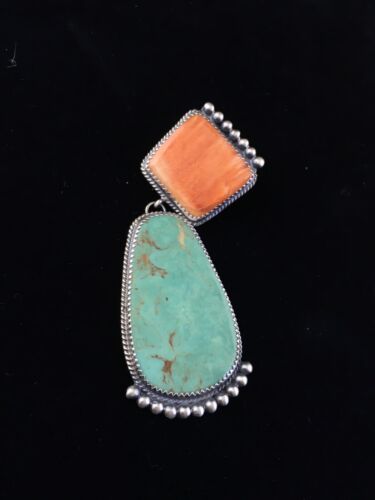 Navajo Blue Turquoise & Spiny Oyster Necklace Pendant | Sterling Silver | Native American Handmade | 10065