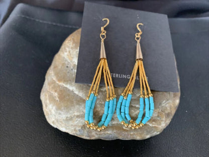 Navajo Blue Turquoise Dangle Heishi Earrings | Liquid Gold Filled Tubes | 2" | 13032