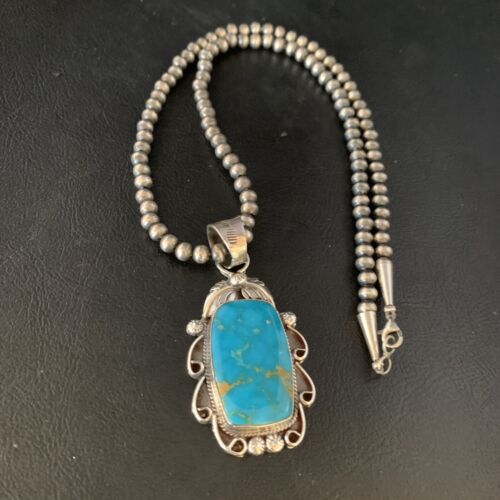 Men's Navajo Blue Kingman Turquoise Pendant Necklace | Sterling Silver | Authentic Native American Handmade | 13665