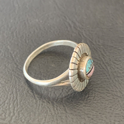 Navajo Blue Turquoise Pink Coral Inlay Ring | Sz 7 | Authentic Native American Handmade | 11169