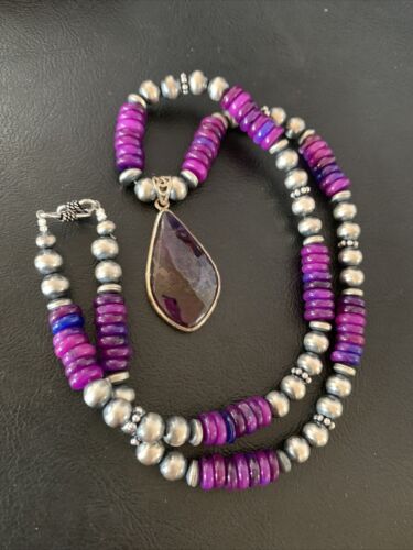 Navajo Purple Sugilite Pendant Necklace | Sterling Silver Pearls | Authentic Native American Handmade | 10330