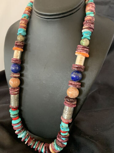 Navajo Turquoise Spiny Oyster Coral Lapis Necklace | Sterling Silver | 24" | Authentic Native American Handmade | 11871