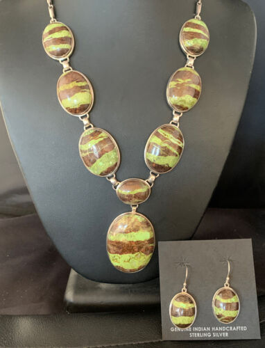 Navajo Green Gaspeite Necklace Choker Earrings Set | Sterling Silver Pendant | 19" | Authentic Native American Handmade | 13794