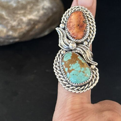 Navajo Women's Turquoise Spiny Oyster Multi-Stone Ring | Authentic Native American Sterling Silver | Multi-Stone | Sz 7.5 | 14489