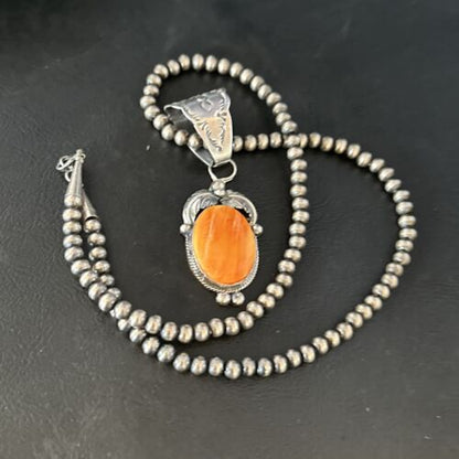 Navajo Orange Spiny Oyster Pendant Necklace | Sterling Silver | Authentic Native American Handmade | 14685