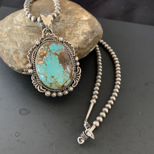 Navajo Pearls Necklace with Blue Turquoise #8 Pendant | Sterling Silver | Authentic Native American Handmade | 11312