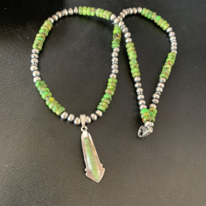 Navajo Green Gaspeite Turquoise Inlay Pendant | Sterling Silver | Authentic Native American Handmade | 13268