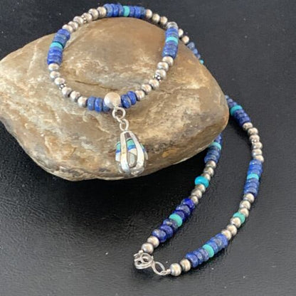 Navajo Men's Pendant | Blue Lapis Turquoise Opal Inlay | Sterling Silver Necklace | 22" | 13359