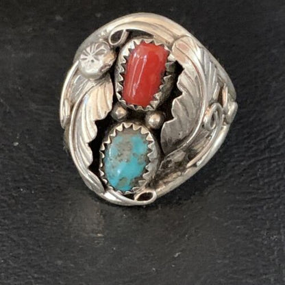 Navajo Kingman Turquoise Coral Ring | Authentic Native American Sterling Silver | Multi-Stone | Sz 11 | 14128