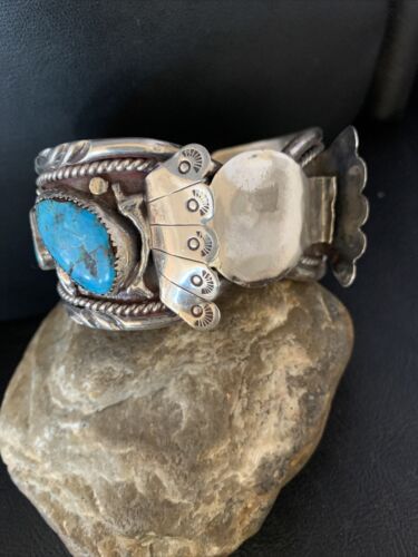 Navajo Men's Watch Cuff Bracelet | Sterling Silver & Blue Kingman Turquoise | Authentic Native American Jewelry | 1635