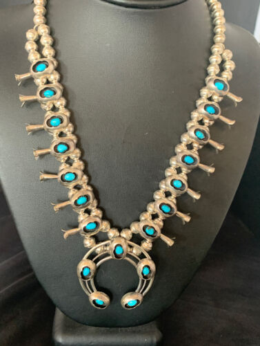 Navajo Kingman Turquoise Shadowbox Squash Blossom Necklace | Sterling Silver | Authentic Native American Handmade | 13108