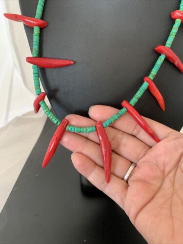 Navajo Turquoise Coral Chili Pepper Necklace | Sterling Silver | Graduated Beads | 20" | 00827