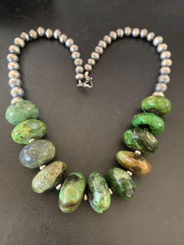 Navajo Chunky Graduated Green Turquoise Necklace | Sterling Silver | Authentic Native American | 18" | 11767