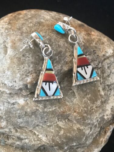 Navajo Sterling Silver Inlay Earrings | Coral Turquoise Onyx Mother of Pearl | Southwestern