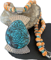 Navajo Spiny Oyster & Spiderweb Turquoise Necklace | Sterling Silver | Authentic Native American Handmade | 1757