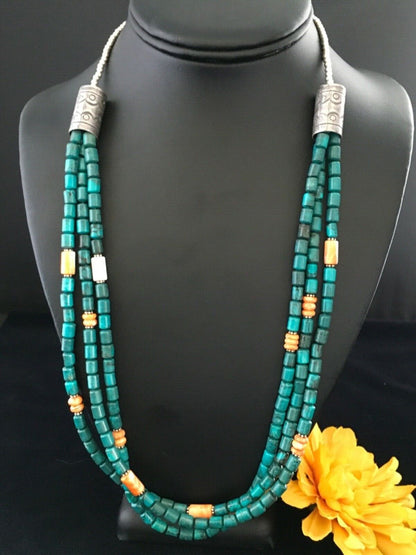 Navajo Sterling Silver Blue Spiderweb Turquoise Spiny Necklace | 3-Strand | 24" | 1774