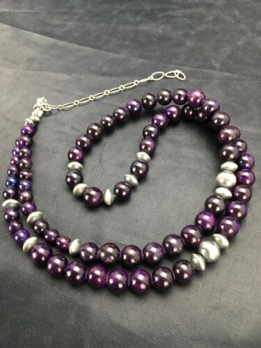 Navajo | Purple Sugilite | Round Bead Necklace | Sterling Silver | Authentic Native American Handmade | 22" | 8110