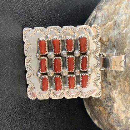 Navajo Red Coral and Multi-Stone Cluster Pendant | Authentic Native American Sterling Silver | 2" | 2100