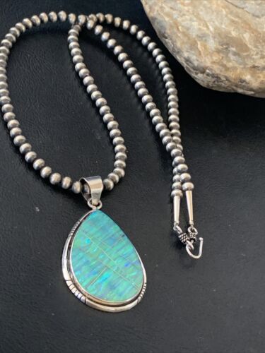 Native American Women's Navajo Green Faux Opal Pendant | Sterling Silver | 2.30" | 1895