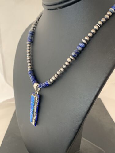 Southwestern Navajo Sterling Silver Necklace Pendant | Purple Opal Lapis Inlay | Authentic Native American Handmade | 00595