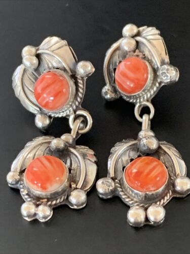 Navajo Red Spiny Oyster Dangle Earrings | Sterling Silver | Authentic Native American Handmade | 2059