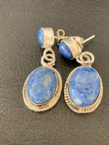 Navajo Denim Lapis Dangle Earrings | Sterling Silver | 1.1" | Authentic Native American Handmade | 1704