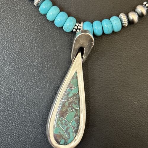 Navajo Blue Turquoise Pendant Necklace | Sterling Silver | 22" | Authentic Native American Handmade | 14603
