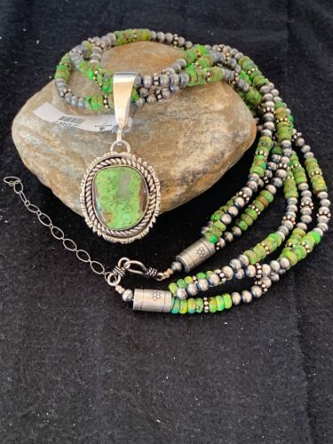 Navajo Pearls Gaspeite Turquoise Pendant Necklace Set | Sterling Silver | 3-Strand | 2987