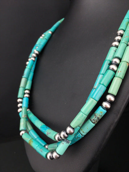 Navajo Turquoise Tube Bead Necklace | 3 Strand | Sterling Silver | 22" | Authentic Native American Handmade | 4790