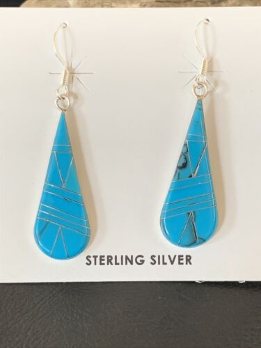 Navajo Blue Turquoise Inlay Dangle Drop Earrings | Sterling Silver | 1.5" | 12310