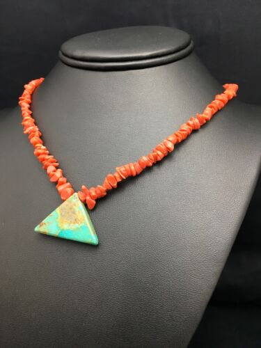 Navajo Kingman Turquoise and Coral Pendant Necklace | Brass | 19" | Authentic Native American Handmade | 4030 - Masha USA