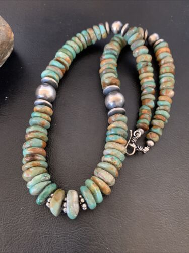 Navajo Pearls Green Turquoise Necklace | Sterling Silver | Authentic Native American | 21" | 12329
