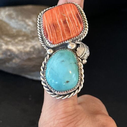 Navajo Turquoise Spiny Oyster Ring | Authentic Native American Sterling Silver | Multi-Stone | Sz 8.5 | 14490