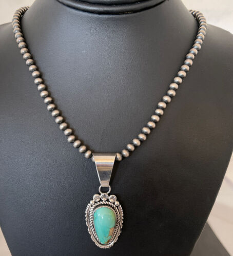 Women's Royston Turquoise Pendant Necklace | Navajo Pearls | Sterling Silver | Authentic Native American Handmade | 01183