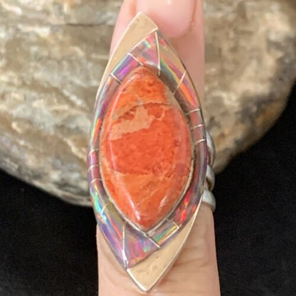Navajo Red Spiny Oyster Opal Inlay Ring | Sterling Silver | Sz 6 | Authentic Native American Handmade | 12842